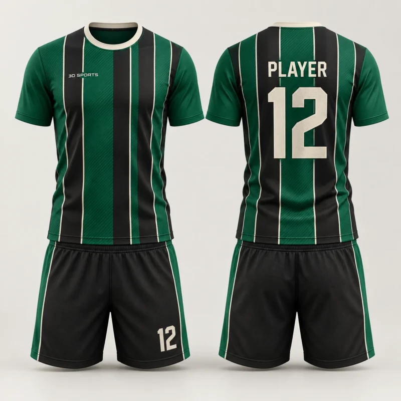 Ενδεικτικό AI σχέδιο εμφάνισης ποδοσφαίρου Emerald Stripes, μπροστινή και πίσω όψη